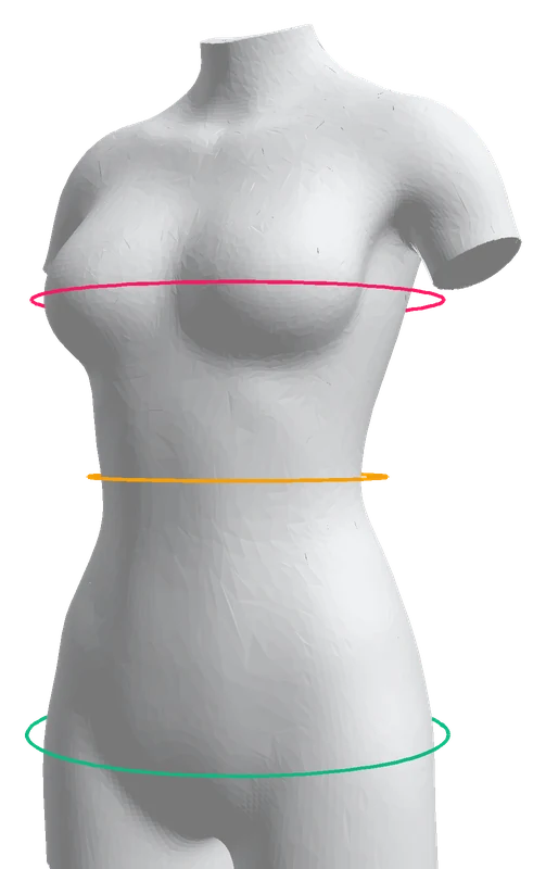 Manequim 3D com anéis de medida de busto, cintura e quadril